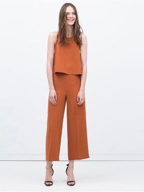 Zara Rust Terracotta 2 Piece Set Crop Top Wide Leg Pants size Small